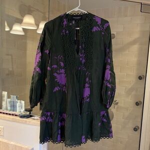Cynthia Rowley italian Linen Tunic Dress with Purple Florews vacation coverup